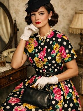 Vintage Heritage House -Black Polka Dot Floral Dress Flared Midi